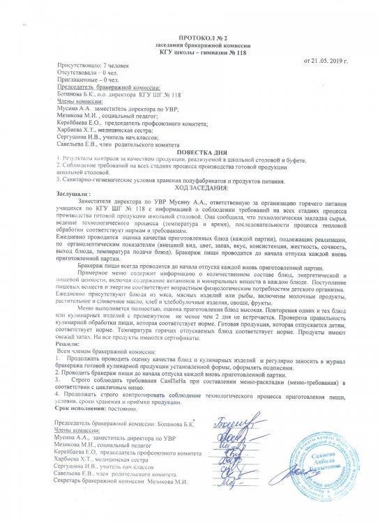 Протокол №2 заседания бракеражной комиссии (2019 г.)
