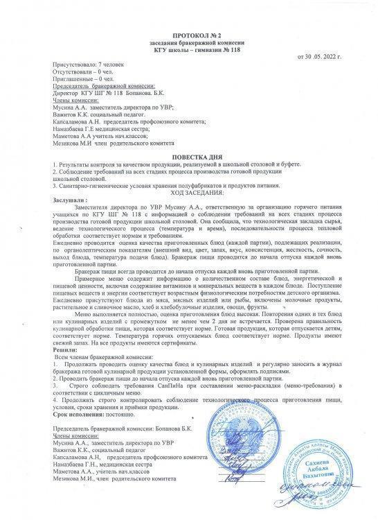 Протокол №2 заседания бракеражной комиссии (2022 г.)