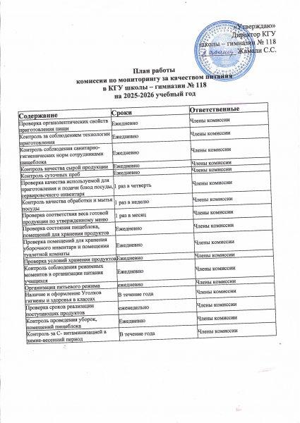 Тамақтану сапасын мониторингілеу жөніндегі комиссияның 2025-2026 оқу жылына арналған жұмыс жоспары/План работы комиссии по мониторингу за качеством питания на 2025-2026 учебный год